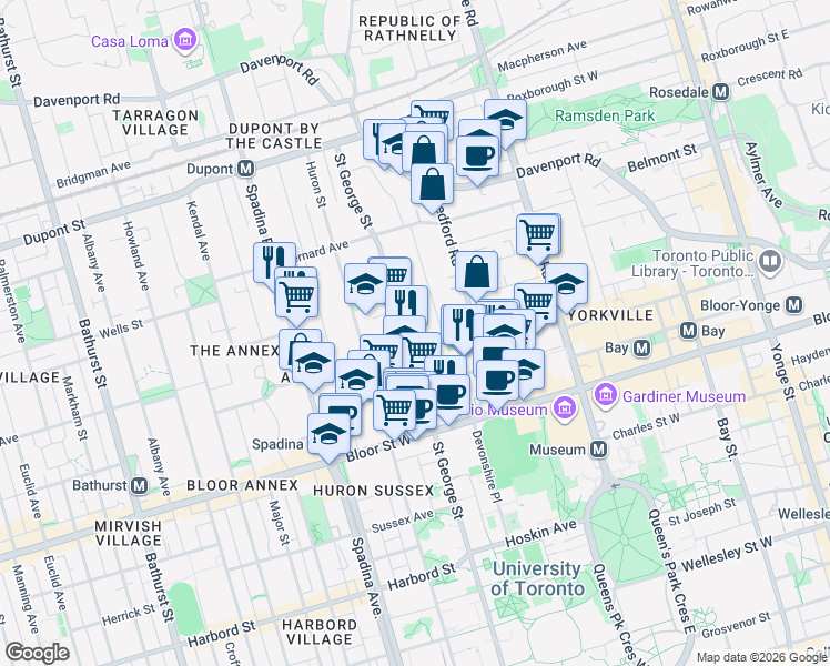 map of restaurants, bars, coffee shops, grocery stores, and more near 161 Saint George Street in Toronto