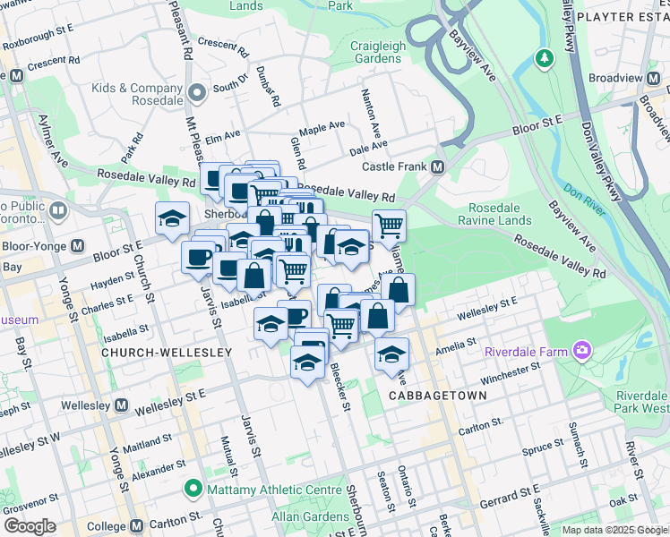 map of restaurants, bars, coffee shops, grocery stores, and more near 700 Ontario Street in Toronto