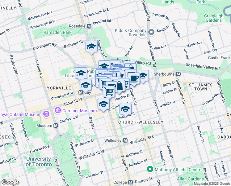 map of restaurants, bars, coffee shops, grocery stores, and more near 98 Bloor Street East in Toronto