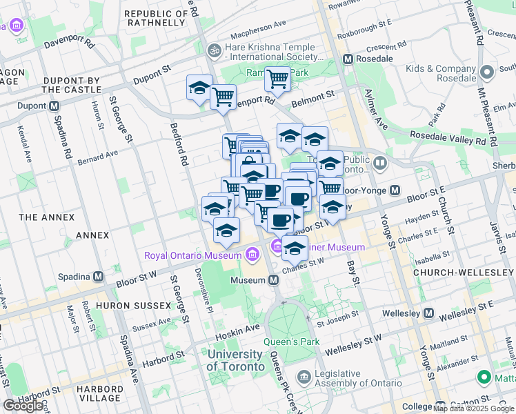 map of restaurants, bars, coffee shops, grocery stores, and more near 155 Yorkville Avenue in Toronto