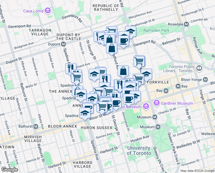map of restaurants, bars, coffee shops, grocery stores, and more near 161 Saint George Street in Toronto