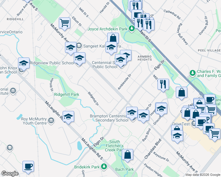 map of restaurants, bars, coffee shops, grocery stores, and more near 201 McMurchy Avenue South in Brampton