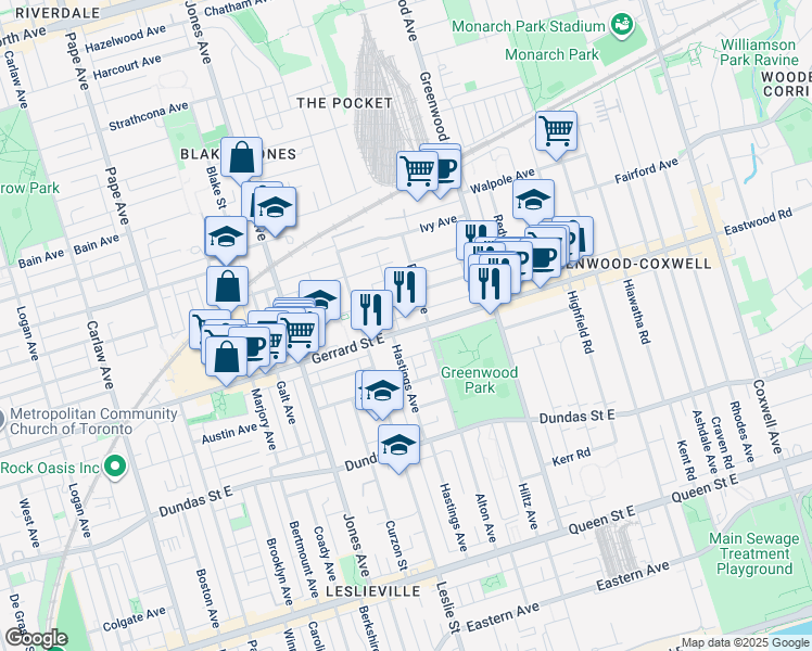 map of restaurants, bars, coffee shops, grocery stores, and more near 1168 Gerrard Street East in Toronto