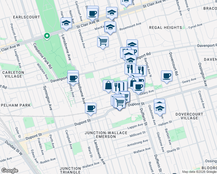 map of restaurants, bars, coffee shops, grocery stores, and more near 99 Chandos Avenue in Toronto