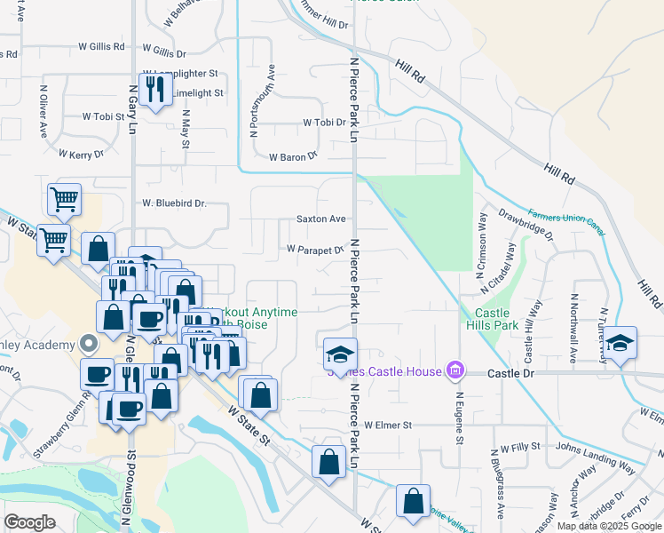 map of restaurants, bars, coffee shops, grocery stores, and more near 6472 West Parapet Drive in Boise