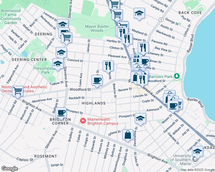 map of restaurants, bars, coffee shops, grocery stores, and more near 12 Norwood Street in Portland