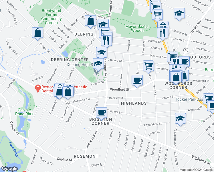 map of restaurants, bars, coffee shops, grocery stores, and more near 31 Higgins Street in Portland