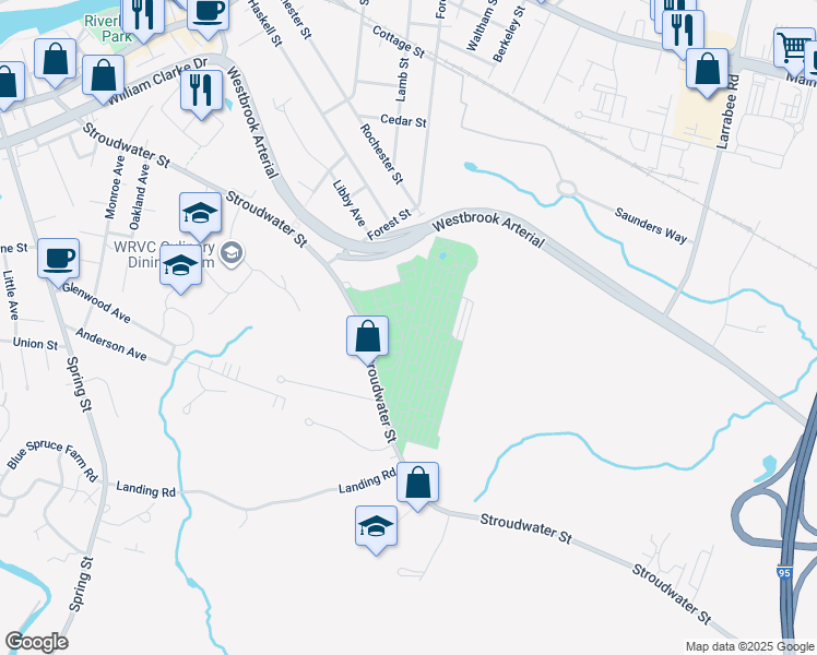 map of restaurants, bars, coffee shops, grocery stores, and more near Woodlawn Ave in Westbrook