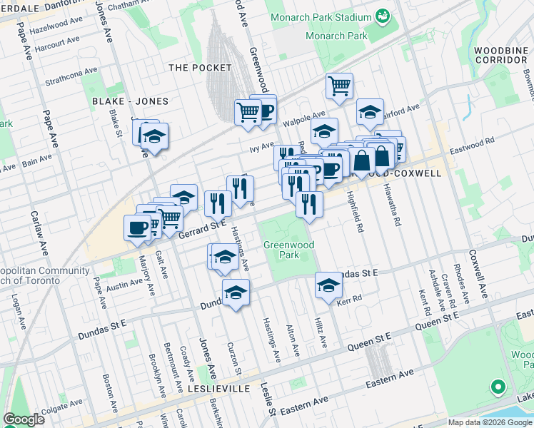 map of restaurants, bars, coffee shops, grocery stores, and more near 1235 Gerrard Street East in Toronto