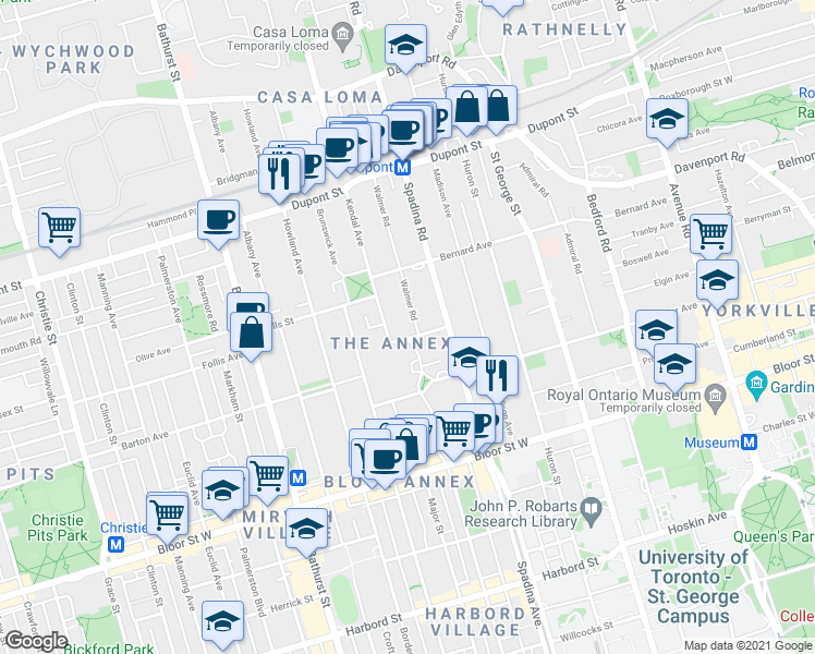 map of restaurants, bars, coffee shops, grocery stores, and more near in Toronto
