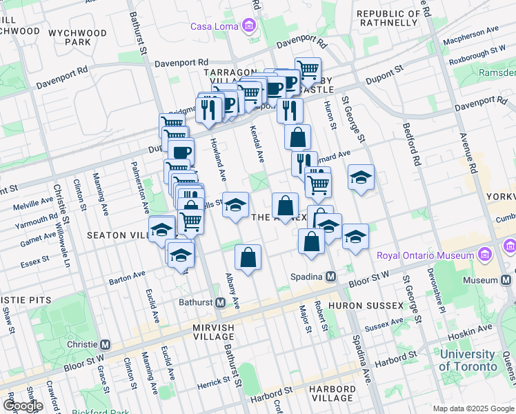 map of restaurants, bars, coffee shops, grocery stores, and more near in Toronto