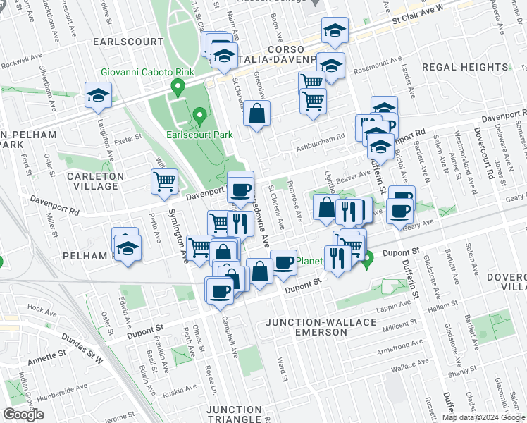 map of restaurants, bars, coffee shops, grocery stores, and more near in Toronto