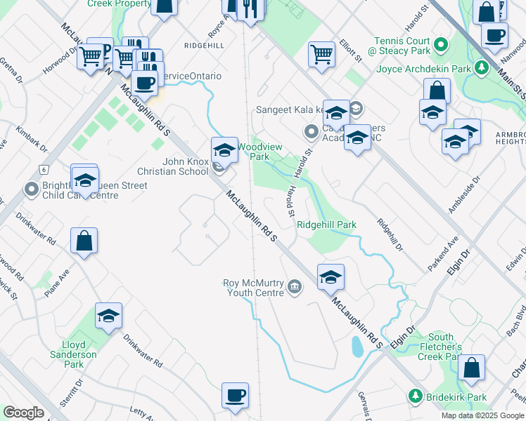 map of restaurants, bars, coffee shops, grocery stores, and more near 40 Roseville Drive in Brampton