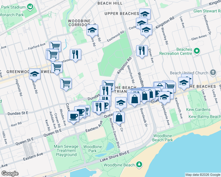 map of restaurants, bars, coffee shops, grocery stores, and more near 122 Kingston Road in Toronto