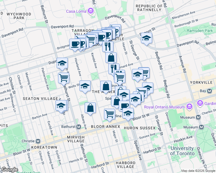 map of restaurants, bars, coffee shops, grocery stores, and more near in Toronto