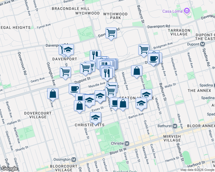 map of restaurants, bars, coffee shops, grocery stores, and more near 242 Christie Street in Toronto