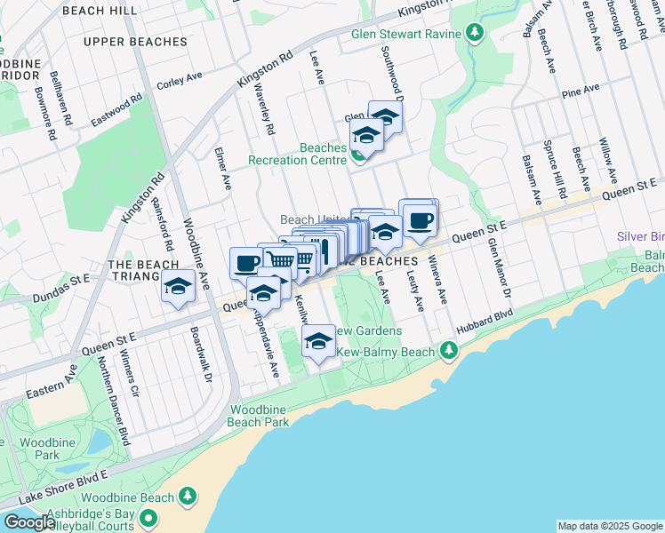 map of restaurants, bars, coffee shops, grocery stores, and more near 2 Bellefair Avenue in Toronto