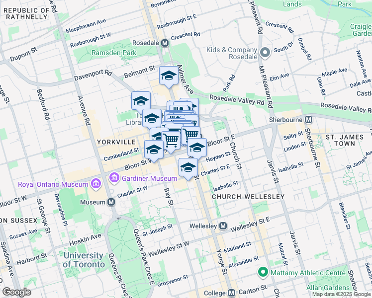map of restaurants, bars, coffee shops, grocery stores, and more near 1 Bloor Street West in Toronto