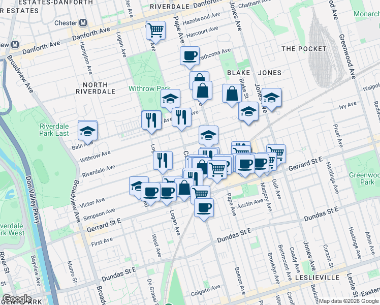 map of restaurants, bars, coffee shops, grocery stores, and more near in Toronto