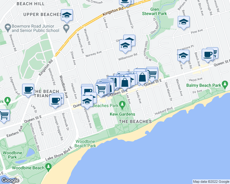 map of restaurants, bars, coffee shops, grocery stores, and more near 2008 Queen Street East in Toronto