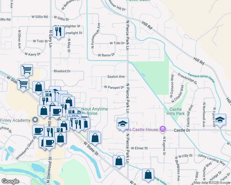 map of restaurants, bars, coffee shops, grocery stores, and more near 5497 North Pierce Park Lane in Boise