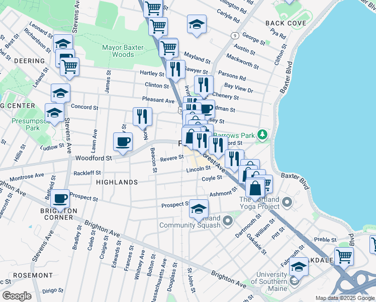 map of restaurants, bars, coffee shops, grocery stores, and more near 167 Woodford Street in Portland