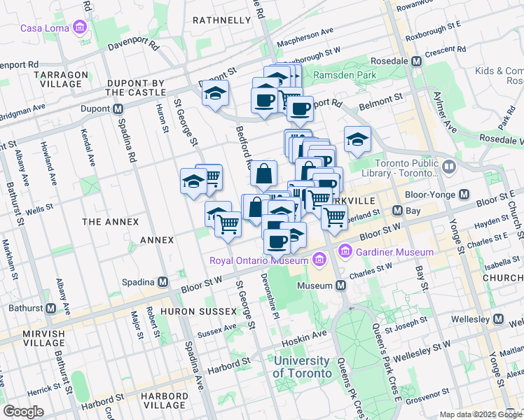 map of restaurants, bars, coffee shops, grocery stores, and more near Bedford Road & Lowther Avenue in Toronto