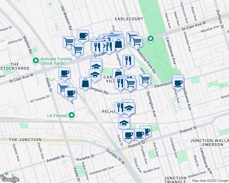 map of restaurants, bars, coffee shops, grocery stores, and more near in Toronto