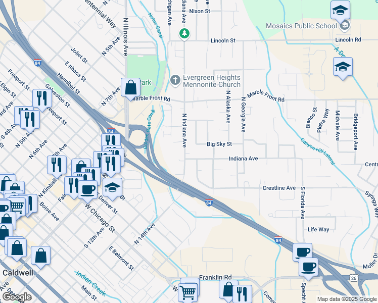 map of restaurants, bars, coffee shops, grocery stores, and more near 202 North Indiana Avenue in Caldwell