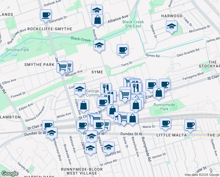 map of restaurants, bars, coffee shops, grocery stores, and more near 50 Castleton Avenue in Toronto