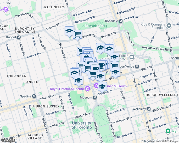 map of restaurants, bars, coffee shops, grocery stores, and more near 155 Yorkville Avenue in Toronto