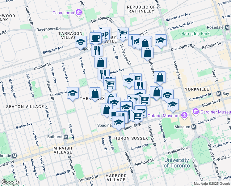 map of restaurants, bars, coffee shops, grocery stores, and more near 72 Madison Avenue in Toronto