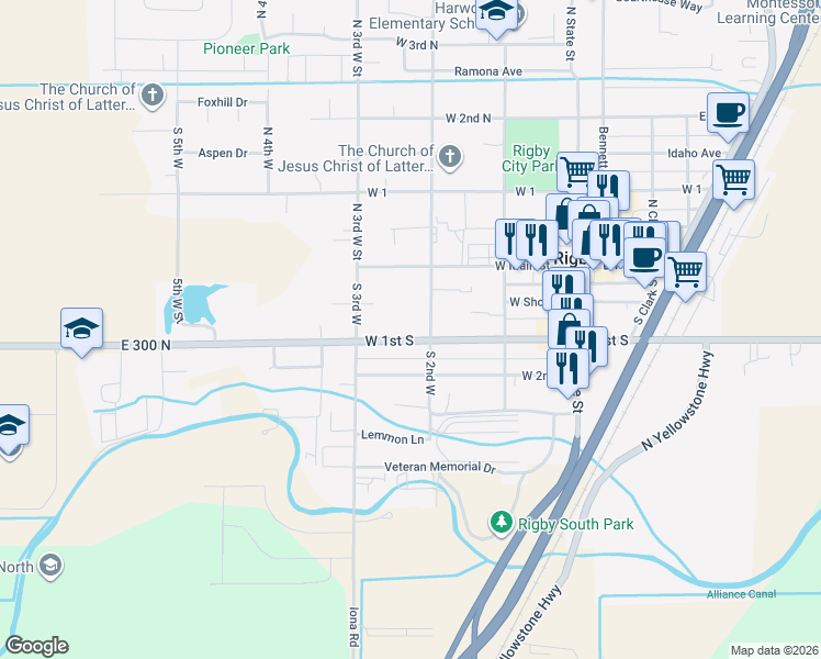 map of restaurants, bars, coffee shops, grocery stores, and more near 170 South 2nd West in Rigby