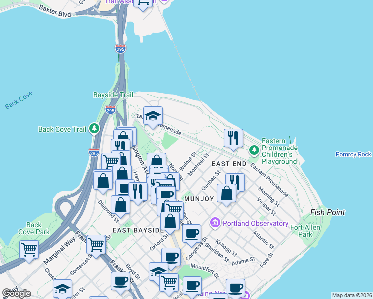map of restaurants, bars, coffee shops, grocery stores, and more near 320 Eastern Promenade in Portland