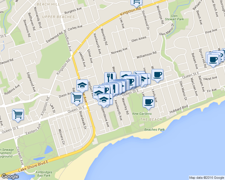 map of restaurants, bars, coffee shops, grocery stores, and more near 155 Kenilworth Avenue in Toronto