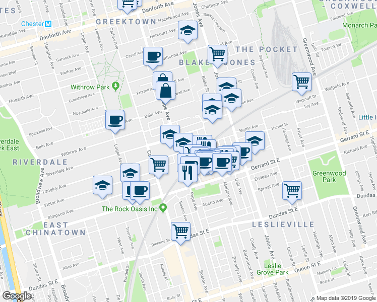 map of restaurants, bars, coffee shops, grocery stores, and more near in Toronto