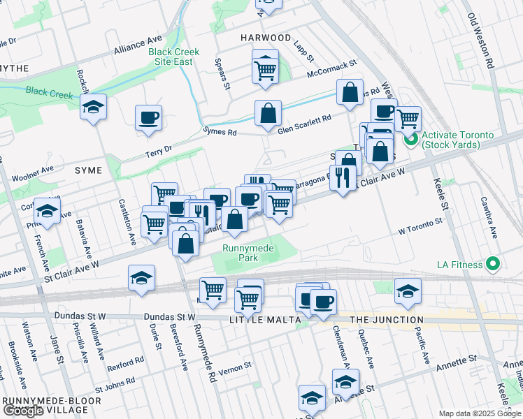 map of restaurants, bars, coffee shops, grocery stores, and more near 149 Tarragona Boulevard in Toronto