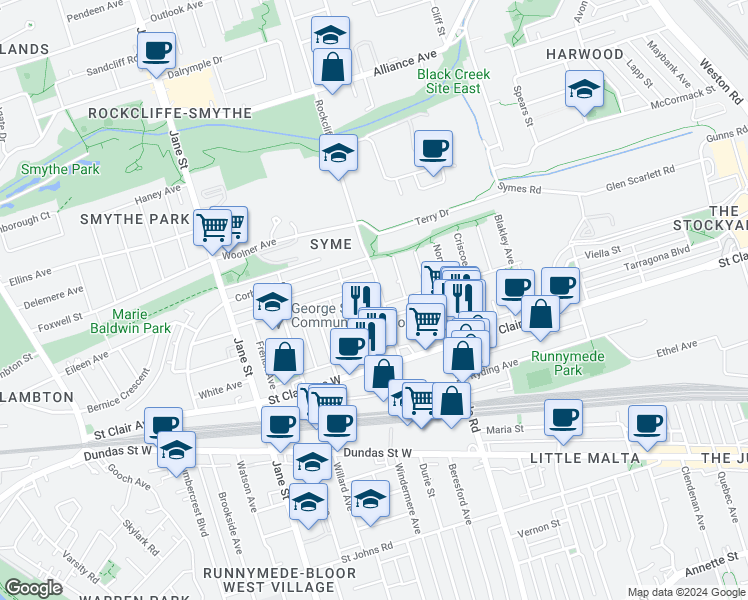 map of restaurants, bars, coffee shops, grocery stores, and more near in Toronto