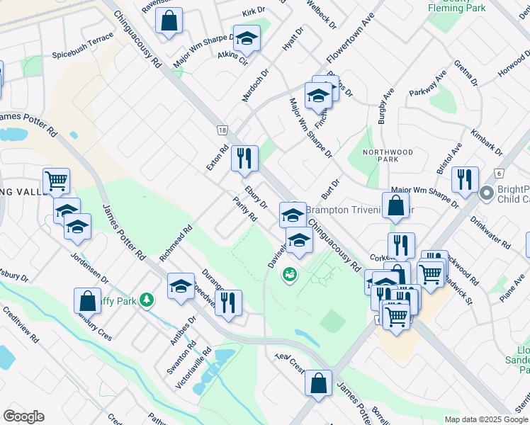 map of restaurants, bars, coffee shops, grocery stores, and more near in Brampton