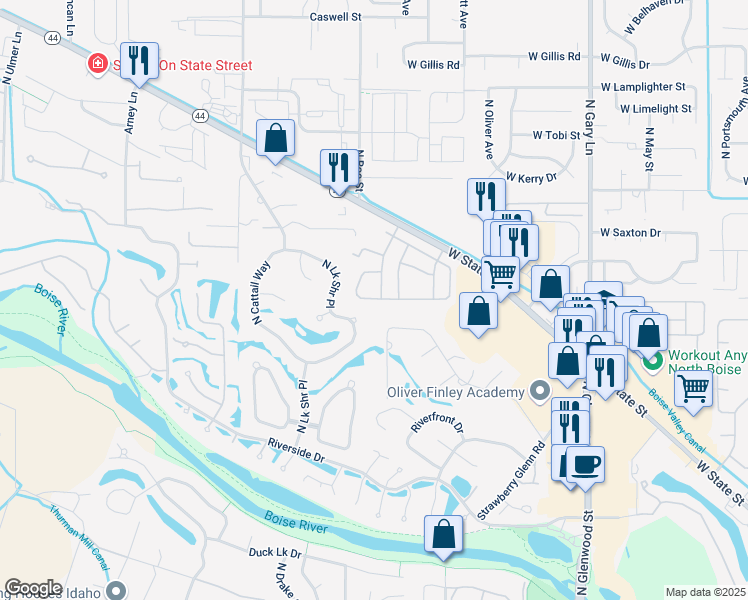 map of restaurants, bars, coffee shops, grocery stores, and more near 5580 Sudley Lane in Boise