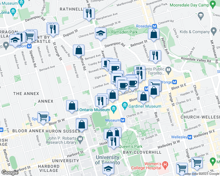 map of restaurants, bars, coffee shops, grocery stores, and more near 66 Avenue Road in Toronto