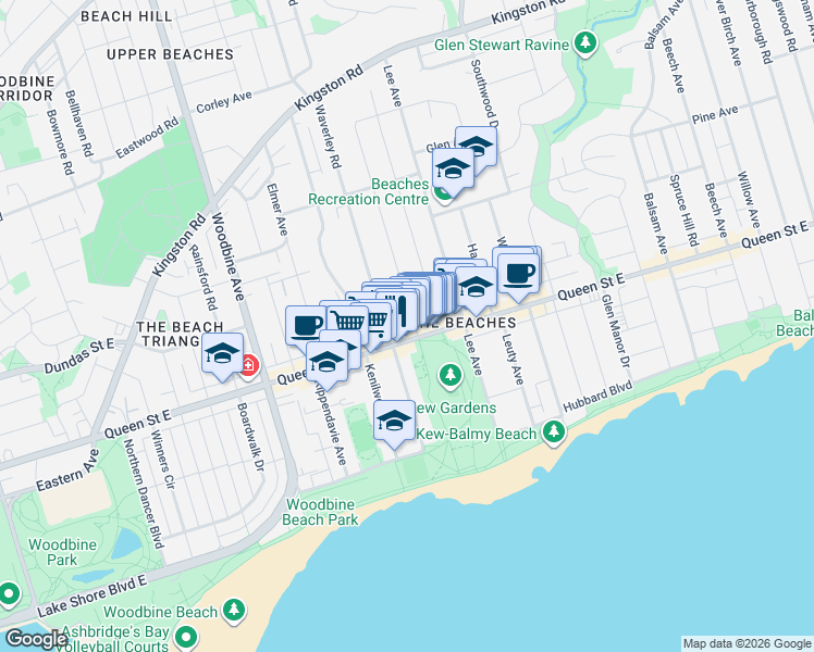 map of restaurants, bars, coffee shops, grocery stores, and more near 2 Bellefair Avenue in Toronto
