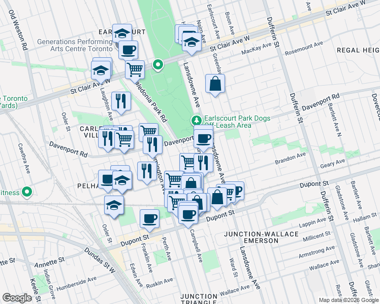 map of restaurants, bars, coffee shops, grocery stores, and more near in Toronto