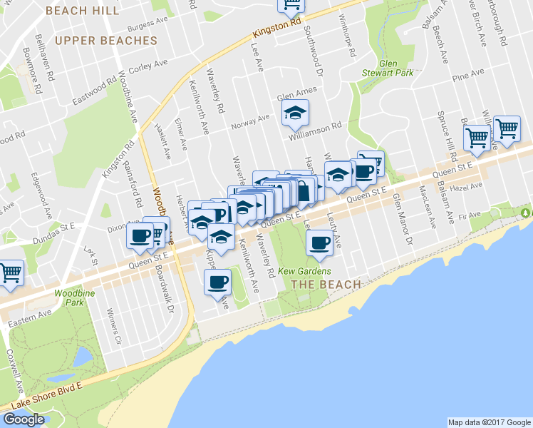 map of restaurants, bars, coffee shops, grocery stores, and more near 2 Bellefair Avenue in Toronto