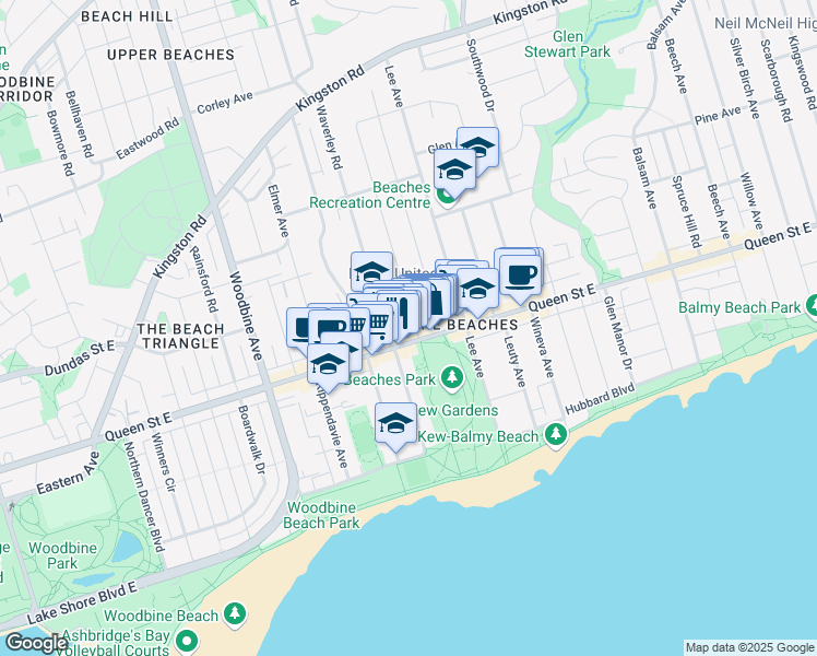 map of restaurants, bars, coffee shops, grocery stores, and more near 2 Bellefair Avenue in Toronto