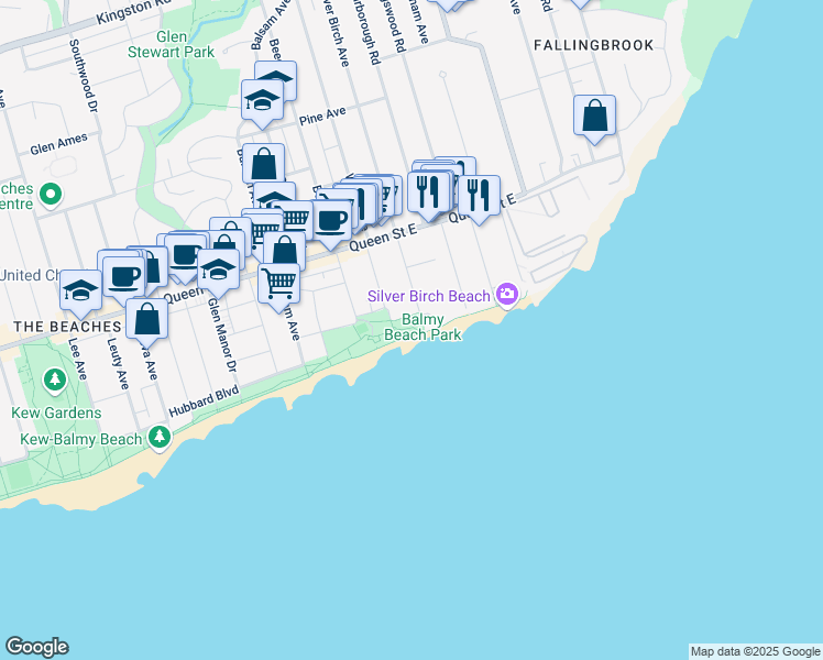 map of restaurants, bars, coffee shops, grocery stores, and more near 2 Silver Birch Avenue in Toronto