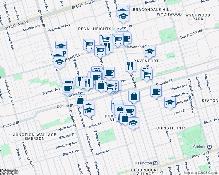 map of restaurants, bars, coffee shops, grocery stores, and more near Dovercourt Road in Toronto