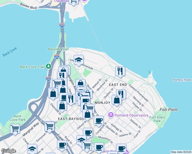 map of restaurants, bars, coffee shops, grocery stores, and more near 320 Eastern Promenade in Portland