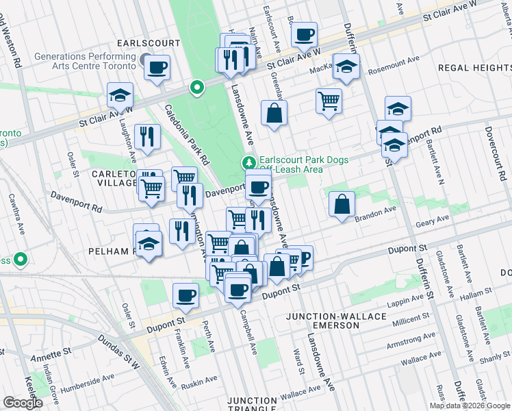 map of restaurants, bars, coffee shops, grocery stores, and more near 31 Foundry Avenue in Toronto