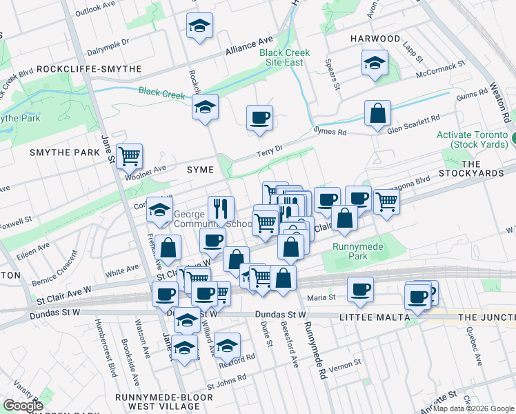 map of restaurants, bars, coffee shops, grocery stores, and more near 75 Henrietta Street in Toronto